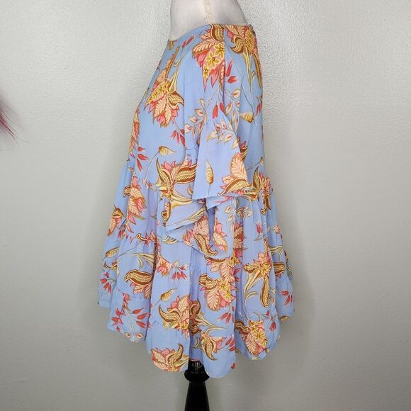 F21 Honstee Blue Floral Tiered Ruffle Flutter Sleeve Babydoll Blouse Size Large - Picture 10 of 12